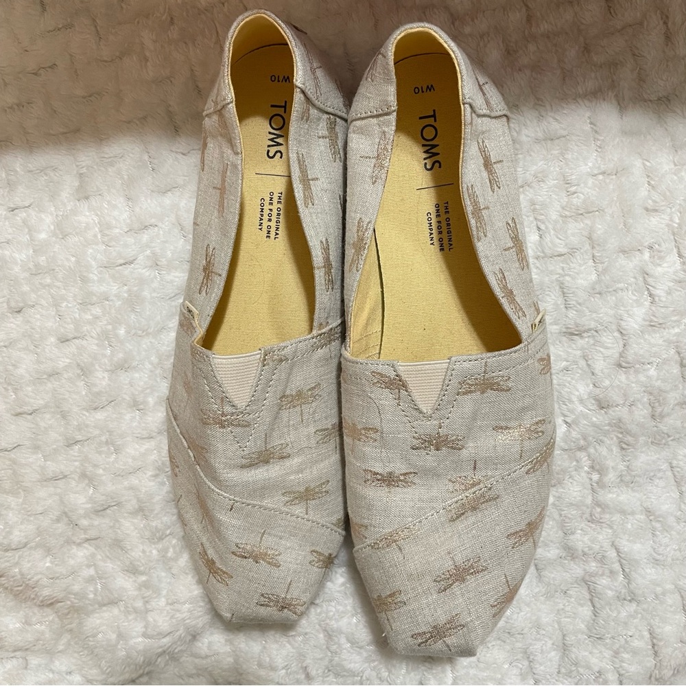 Toms dragonfly shoes, worn once, EUC, W10 gold and cream